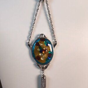 Vintage Celebrity Foil Enamel Silver-Tone Necklace With 22" Chain & Multicolor O